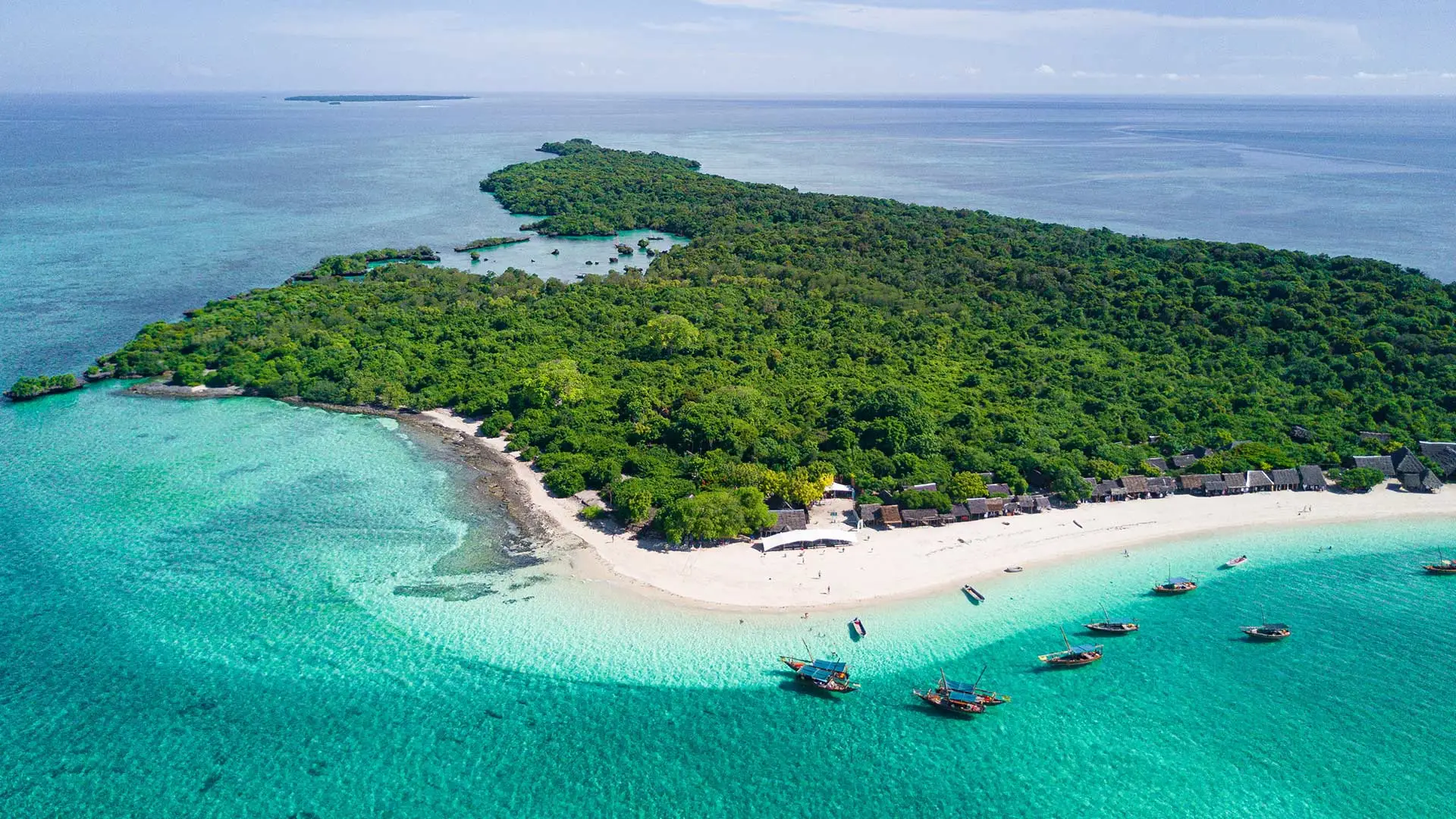 Aerial view of a sandbank and boats off the Zanzibar coast